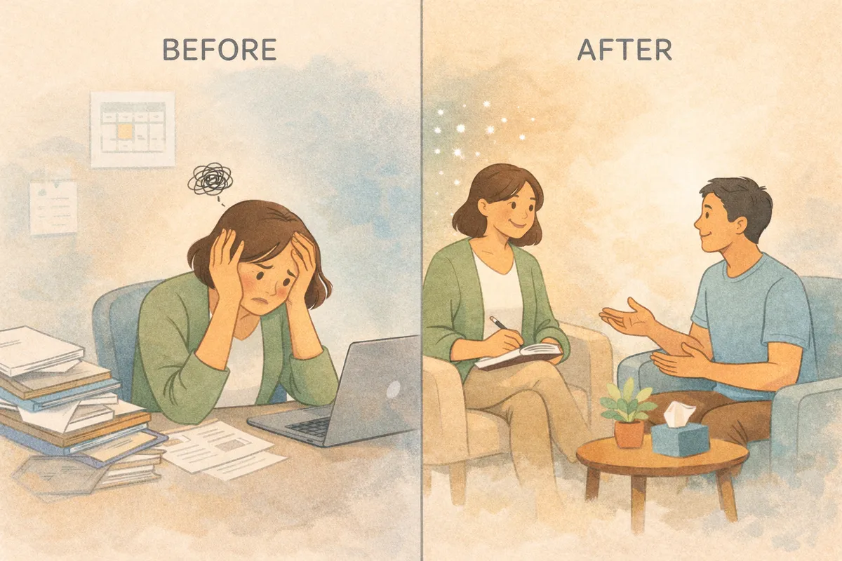 Split screen showing a stressed therapist overwhelmed by paperwork transforming into a relaxed therapist focused on client care