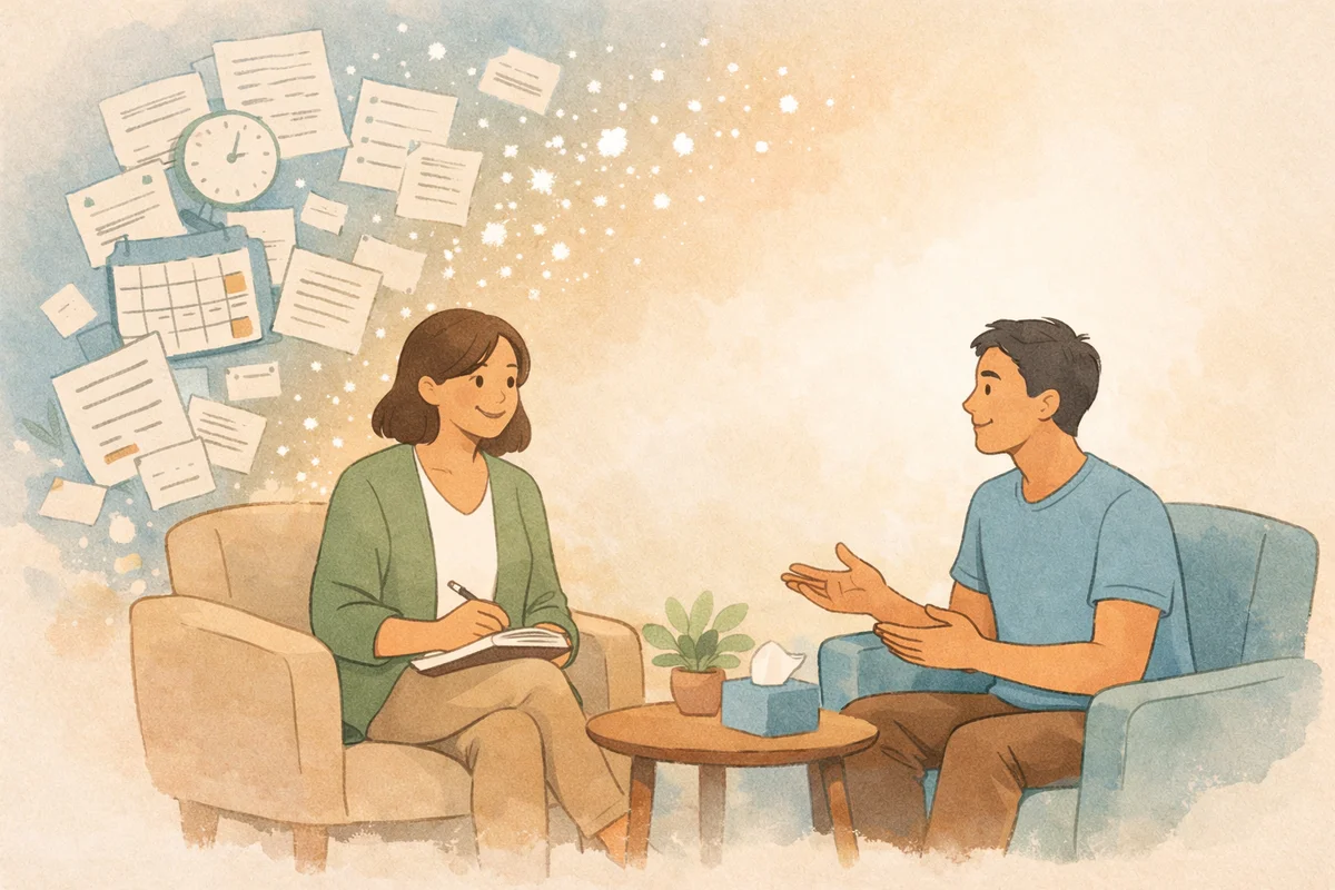 Therapist engaged in session with client while administrative tasks fade into the background, symbolizing automated practice management