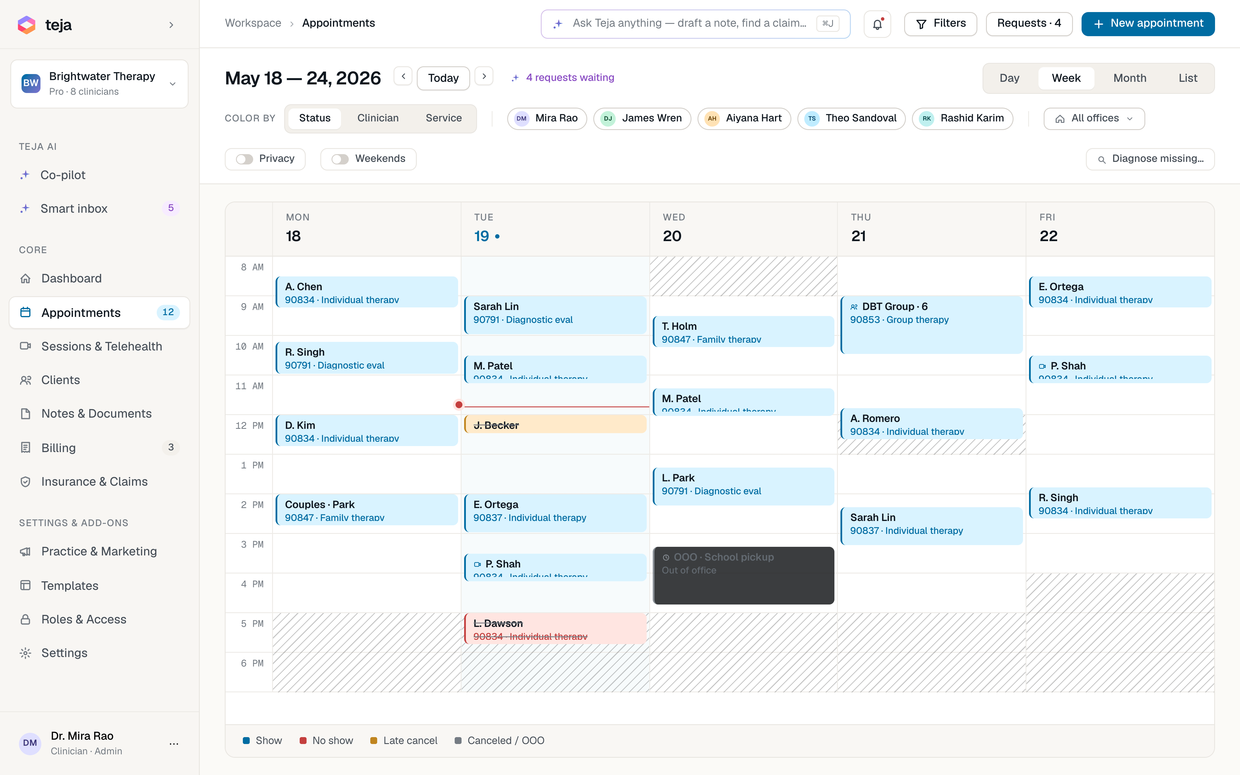 Teja weekly calendar view, May 18–24 2026, color-coded by status with five clinicians