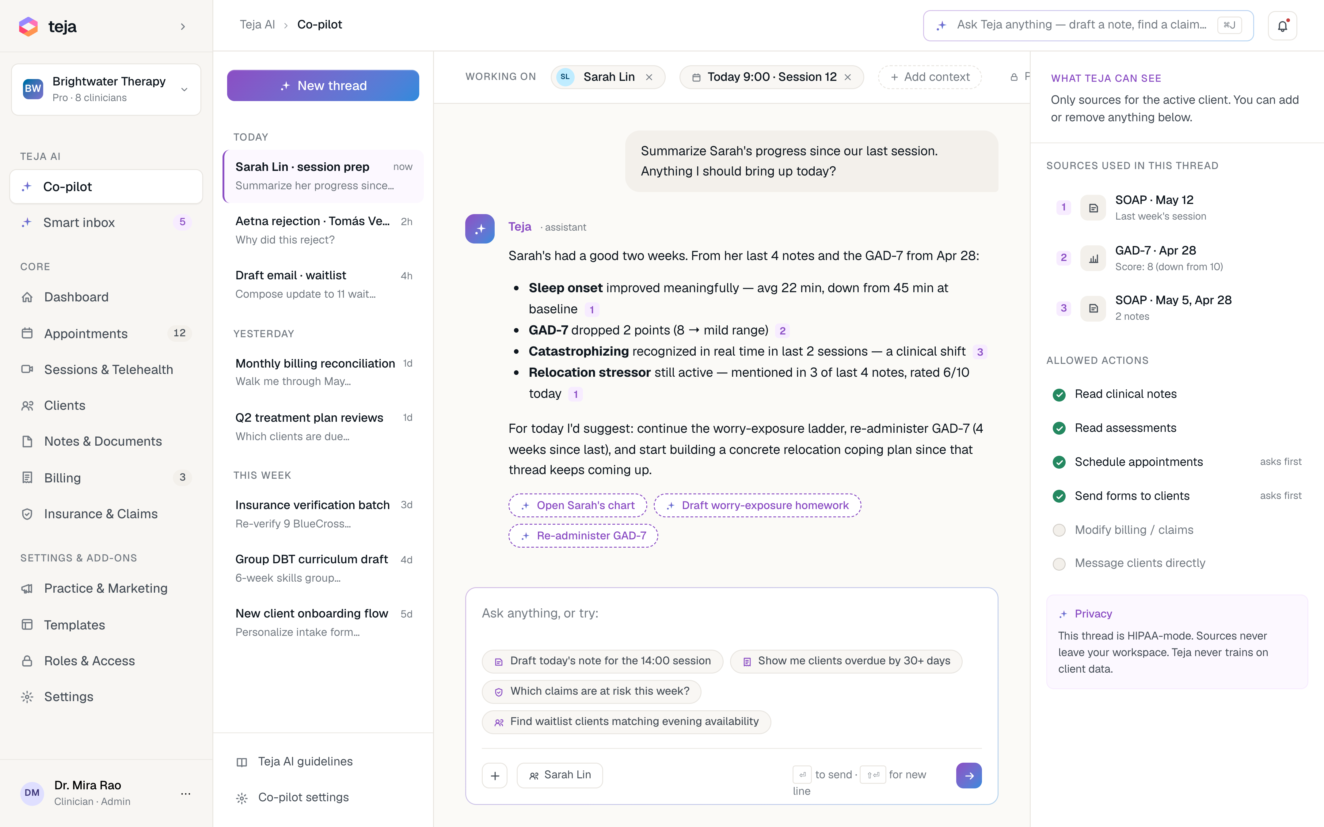 Teja Co-pilot answering 'Summarize Sarah's progress' with sources and allowed actions sidebar