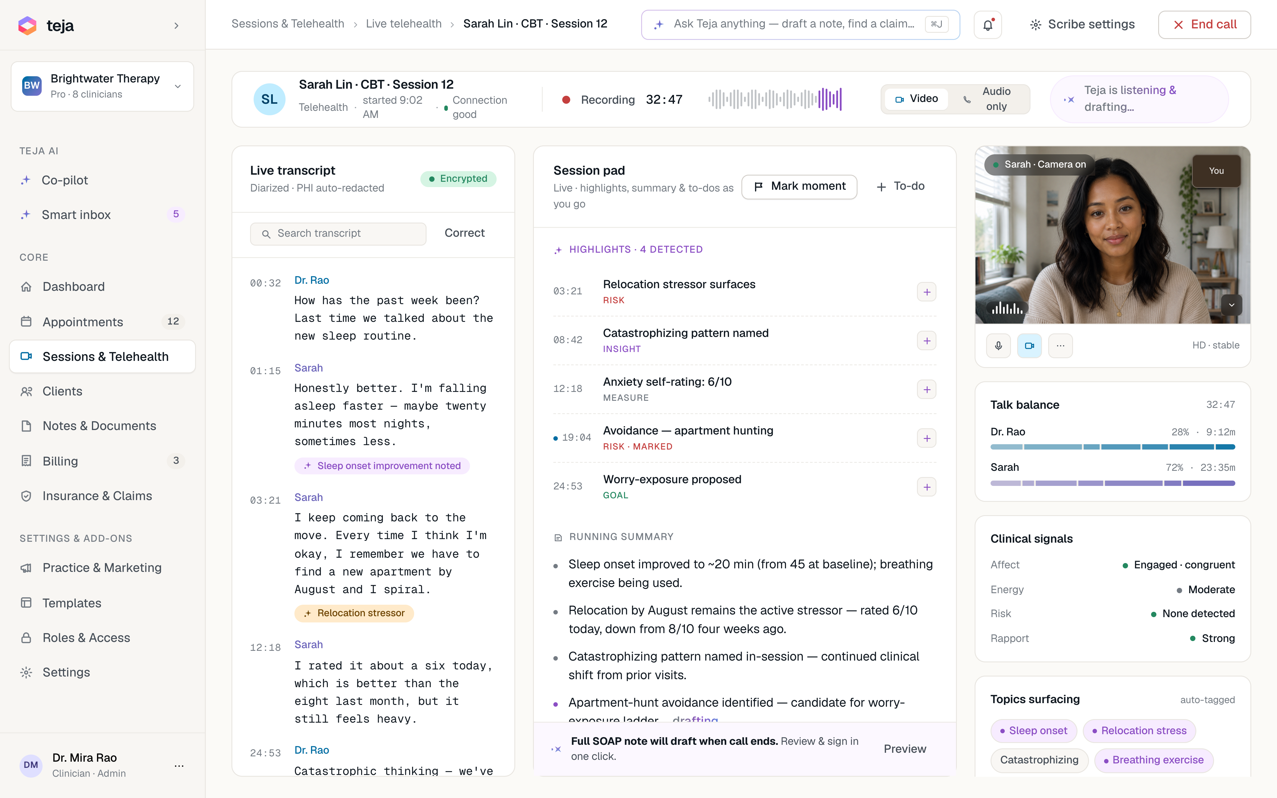 Teja AI Scribe during a live telehealth session: transcript, highlights, running summary, talk balance and clinical signals