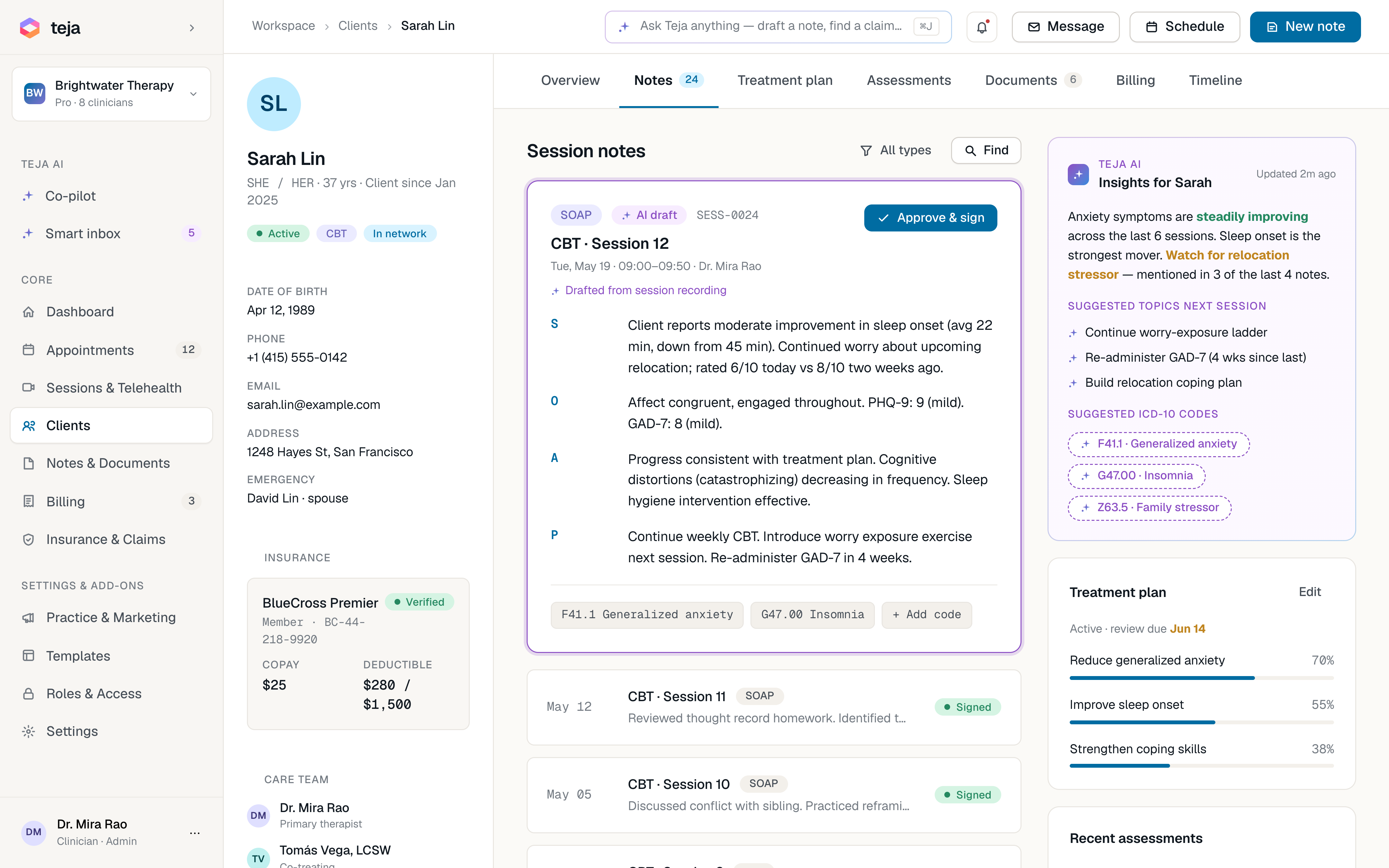 Sarah Lin client chart with Teja AI insights, suggested ICD-10 codes and next-session topics