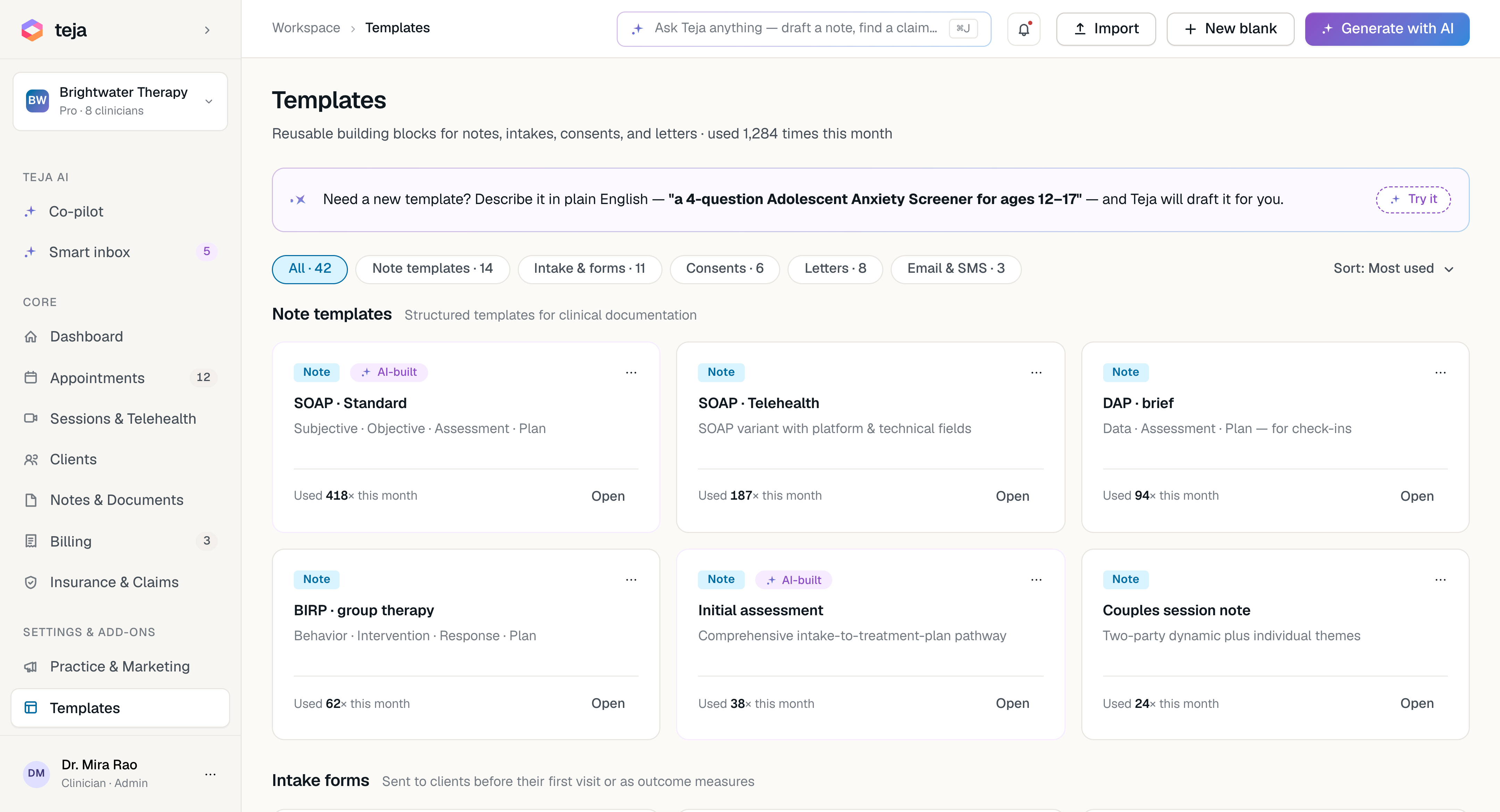 Teja templates library: SOAP, DAP, BIRP, intake forms, consents, letters — usage stats per template
